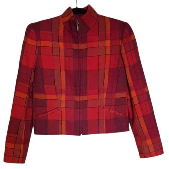 Vintage Carlisle Plaid Red Orange Cropped Long Sleeve Wool Jacket Women Size 2 - Picture 3 of 16